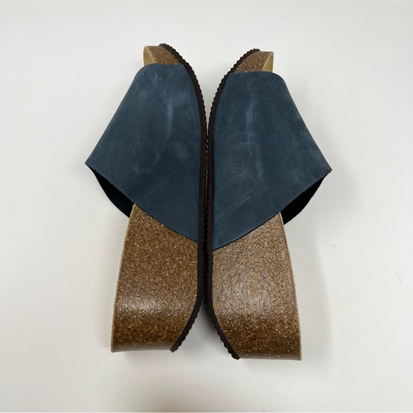 Bio Bio Platform Wedge Platform Sandals Blue Leather Cork Slip On Shoes Size 9.5 - Picture 8 of 11